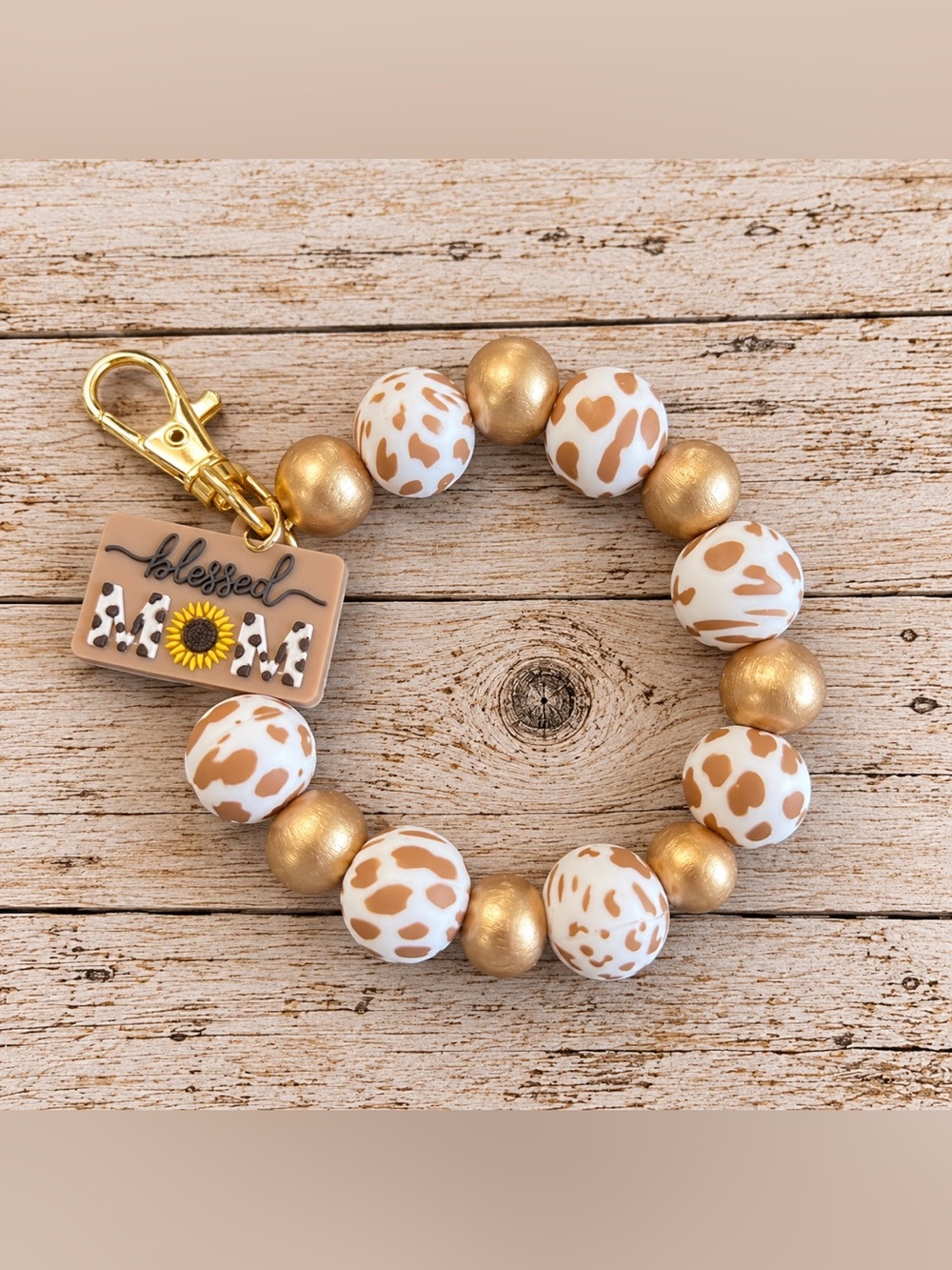 Blessed Mom Gold & Brown Cow Print Beaded Keychain Bracelet